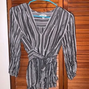 Grey and White stripped dress shirt with tie at front